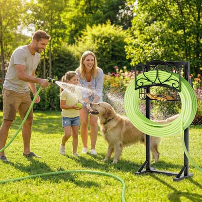 Stable Garden Hose Holder with Storage Basket and Tool Hooks, Heavy-Duty Garden Hose Storage Metal Hose Hanger Holds 160Ft, Rustproof Freestanding Water Hose Holder for Outside,Yard,Lawn,Farm - color: Black
