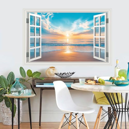Fake Window Wall Sticker Summer Sunset Seascape Ocean Beach Faux Window Poster Decal Picture Open Wall Art Decor, Stick and Peel Landscape Natural Scenery Canvas Scene Mural,16"x24"