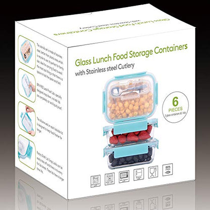 Large Glass Food Storage With Locking Lids - Bento Box Lunch and Meal Prep Containers [3-Pack, 36 OZ]