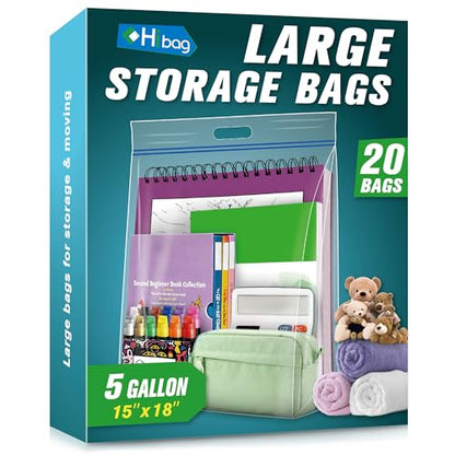 HIBAG 5 Gallon Large Storage Bags, 15” x 18” Resealable Clear Bags with Handle, Extra Large XL Heavy Duty for Clothes Pillow Travel Moving, Pack of 20 - size: 5 gal - 20 pack