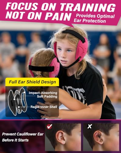 Trymaker Wrestling Headgear, Head Gear for Youth with Chin Cup & Pad - color: Pink Headgear & Black Strap