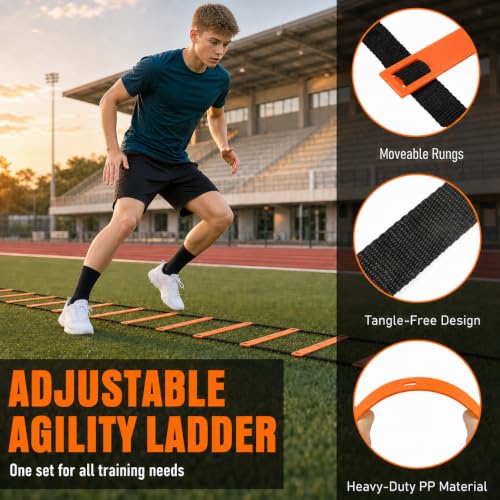 20Ft Agility Ladder Training Equipment for Soccer 12 Cones, Solo Soccer Trainer, Jump Rope Speed Football Gifts for boy - color: Orange
