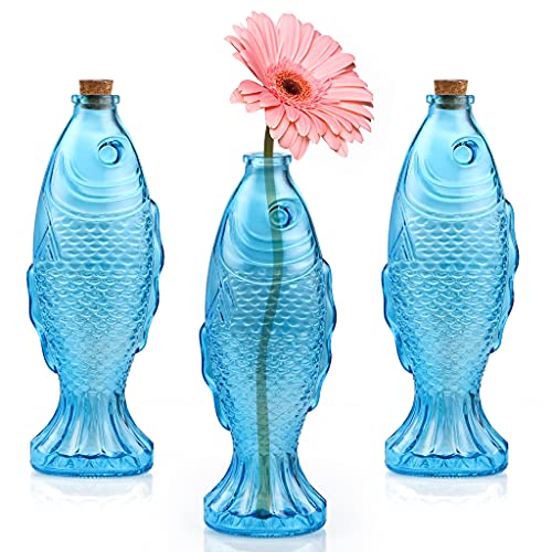3-Pack Fish Shaped Glass Bottles, Decorative Bottles with Cork Stopper, Fish Decanters for Gift, Bar, Home Decor, Capacity 500ml/17.5oz (Blue)