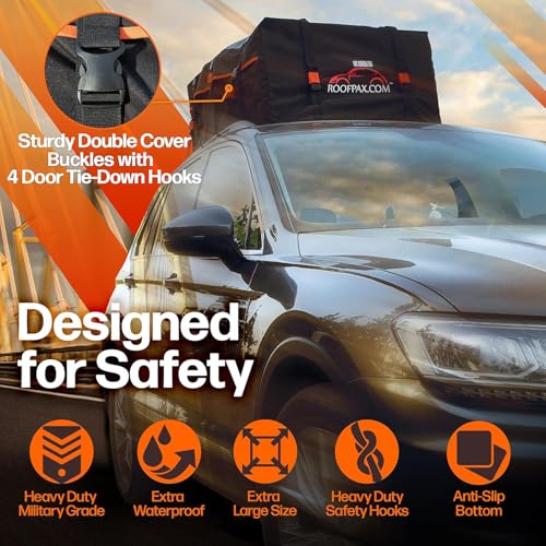 RoofPax 23 cft. Extra Waterproof Rooftop Cargo Carrier Bag, Double Weatherproof Zippers,10 Heavy-Duty Tie-Down Straps fit Cars with/Without a Rack or Side Rails, Safety Hooks Included - size: 23 Cubic feet