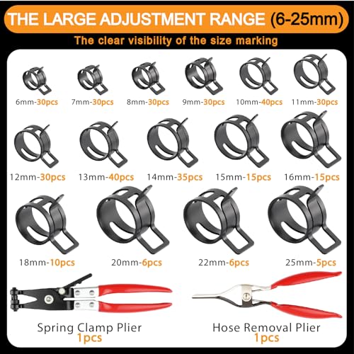 352Pcs 6-25mm Spring Band Hose Clamps Kit with 2Pcs Hose Clamp Pliers for Automotive,Marine,Gardening