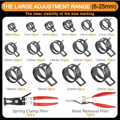 352Pcs 6-25mm Spring Band Hose Clamps Kit with 2Pcs Hose Clamp Pliers for Automotive,Marine,Gardening