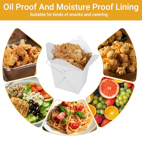 50 Pack 32oz Chinese Take Out Food Boxes with Metal Wire Handle & Labels, Party Favor Boxes Paper Take Out Food Containers For Hot Or Cold Food