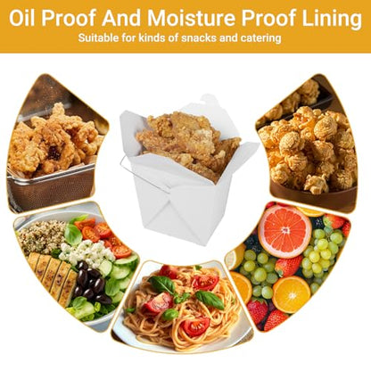 50 Pack 32oz Chinese Take Out Food Boxes with Metal Wire Handle & Labels, Party Favor Boxes Paper Take Out Food Containers For Hot Or Cold Food