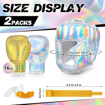 Kanayu 14 Pcs Boxing Gloves and Headgear Set for Beginners Youth 16 Ounce Boxing Gloves Headgear Helmet Hand Wraps Mouth Guards Equipment for Beginners Training Equipment Gifts - color: Holographic Color