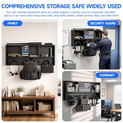 Police Gear Rack - Police Hanger with Hooks, Black Tactical Duty Gear Rack with Thin Blue Line Flag, Lock Safe, Vest Hanger & Belt Hook, Wall Mounted Body Armor Stand Organizer Rack
