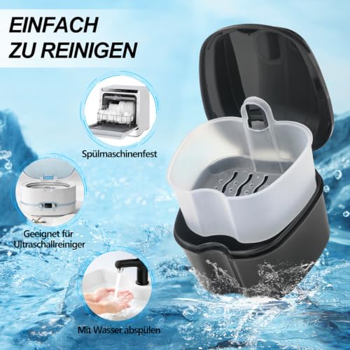 Denture Bath Case Retainer Cleaner Case with Strainer Basket, Denture Cup Dental Retainer Holder Case for Soaking Mouthguard Cleaning Storage Box Case - Black and White - color: Black & White