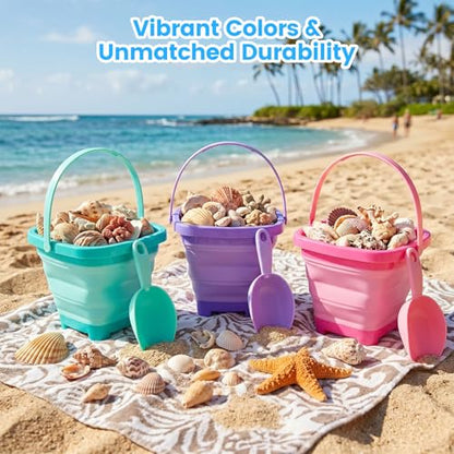 3 PCS Collapsible Bucket Set, Foldable Beach Buckets with Shovels, Travel Sand Toys for Kids Outdoor, Beach Vacation Essentials, Camping Traveling, Fun Summer Activities