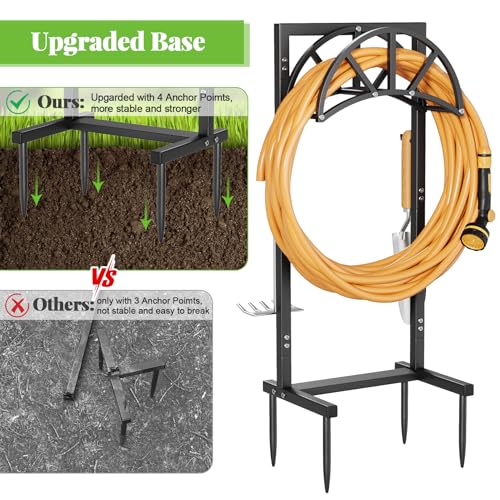 Mr IRONSTONE Garden Hose Holder Freestanding with 4 Spikes, Upgraded Water Hose Holder with Stainless Steel Screws, Heavy Duty Hose Stand Holds (Deep Black) - color: Deep Black
