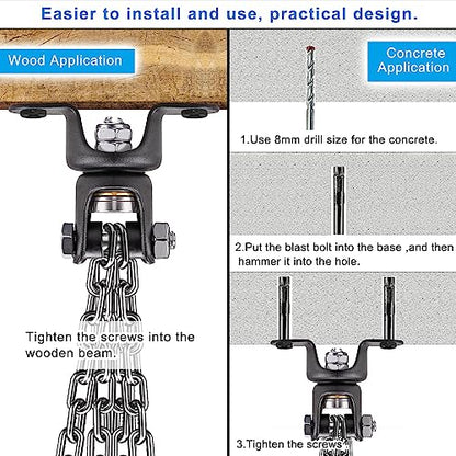 BeneLabel Heavy Bag Ceiling Mount with Spring & Chains 360° Rotation Punching Bag Ceiling Hanger with Bearings Boxing Bags Holder Hardware with 2 Wood Screws and 2 Expansion Screws - color: Hanger with Silver Chain (800 LBs Capacity)