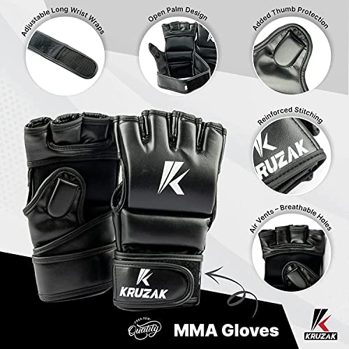 Kruzak MMA Gloves, Half-Finger Boxing Mitts with Hand Wraps - color: Black, size: Large-X-Large