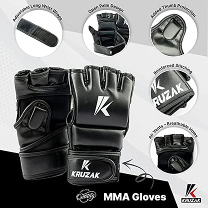 Kruzak MMA Gloves, Half-Finger Boxing Mitts with Hand Wraps - color: Black, size: Small-Medium
