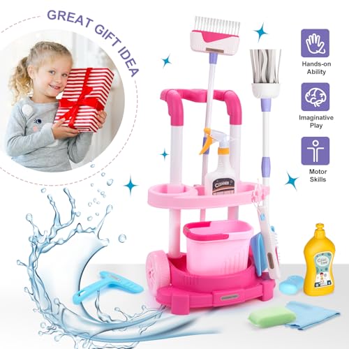 Toddler Cleaning Set, Kids Cleaning Carts Toy Set, Detachable Kids Mop Broom Set for Toddlers - Pretend Play Educational Toy (Pink) - color: Cleaning Cart Set