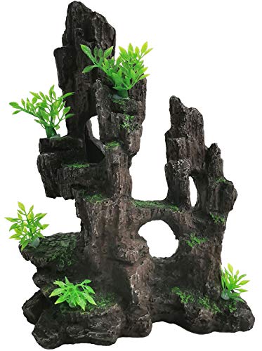 Aquarium Mountain View Stone Resin Fish Tank Decoration Betta Hideout Caves Rockery Landscape Tree Rock Hiding Cave Decor for Small Fish Shrimp Play Ornament