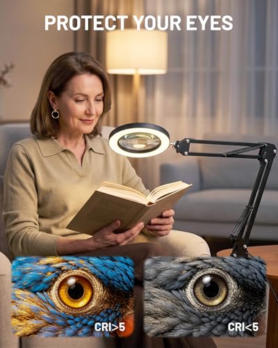 TANYO 10X Magnifying Glass with Light, Real Glass Len Magnifier with Light with 3 Color Mode Dimmable, Dual Swing Arm Hands Free LED Desk Magnifier Lamp for Jewelry Sewing Crafts Embroidery Repair