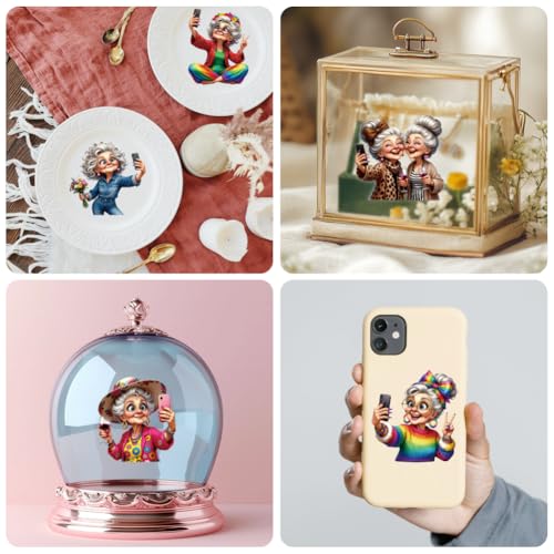 Peacoblue 18 Sheets Rub on Transfers for Crafts, Funny Grandma Selfie 3.6"x3.9" UV DTF Cup Wraps Waterproof Cold Transfers Stickers for Wood Glass Metal Cup Tumblers Mirrors Mugs Home Decor - style: Funny Grandma Selfie