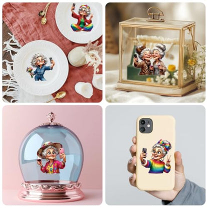 Peacoblue 18 Sheets Rub on Transfers for Crafts, Funny Grandma Selfie 3.6"x3.9" UV DTF Cup Wraps Waterproof Cold Transfers Stickers for Wood Glass Metal Cup Tumblers Mirrors Mugs Home Decor - style: Funny Grandma Selfie