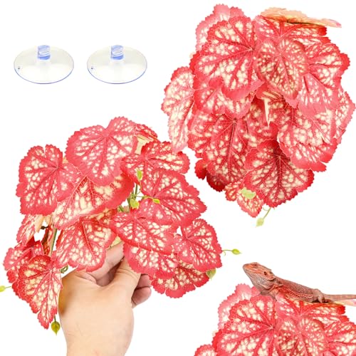 2 Pack Reptile Plants for Terrarium, Artificial Leaves Habitat Decorations with Suction Cups, Terrarium Hanging Plants Vines for Bearded Dragons Lizards Snake Geckos Frogs - Red - color: Red