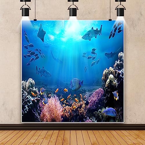 8x8ft Underwater World Backdrop for Photography Aquarium Seabed Rocks Lights Coral and Fishes Tropical Ocean Scene Under The Sea Background Kids Party Decoration Banner Photobooth Props - size: 8x8ft