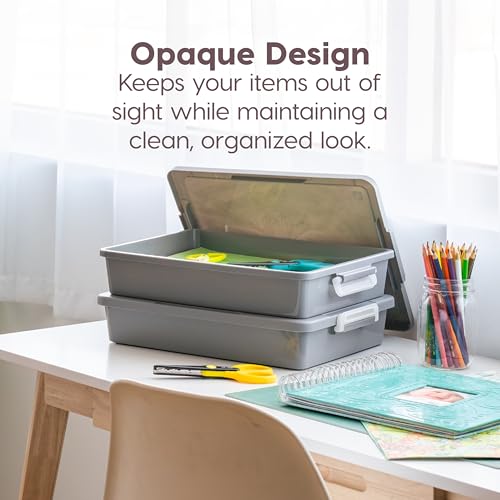 IRIS USA 6 Qt. Plastic Craft Storage Container Bins with Lids, 2 Pack, Small Art & Office Supply Organizer Tote, Sensory Bins & Boxes for Home & University, Stackable, Secure Latch Buckles, Gray