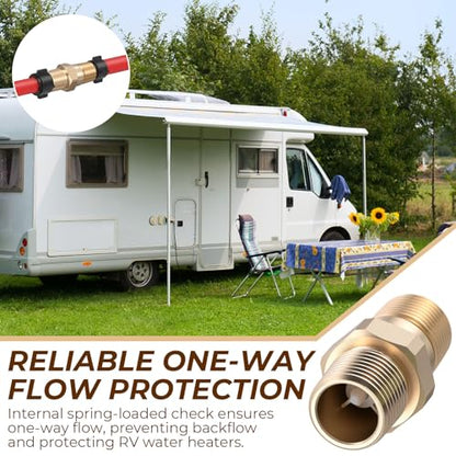 1/2" RV Water Heater Check Valve, 1/2" NPT Male to Male One-Way Backflow Preventer, for RV Camper Motorhome Trailer Fresh Water Heater, Plumbing Backflow Preventer, Brass (2 Pcs)