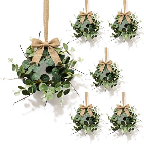 6 Pcs Small Eucalyptus Hanging Wreaths for Cabinets Artificial Greenery Mini Candle Ring Wreath with White Bud Stems and Linen Ribbon for Home Kitchen Front Door Window Wall Wedding Farmhouse Decor - color: Eucalyptus Leaves