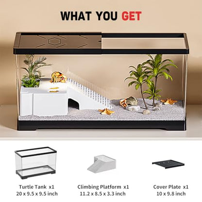 Turtle Fish Tank with Basking Platform and Bottom Drainage, 20" x 9.5" x 9.5" Aquatic Turtle Tank for Juvenile Turtle, Crayfish, Crabs, Amphibians, Reptiles, PC Material, Black Color