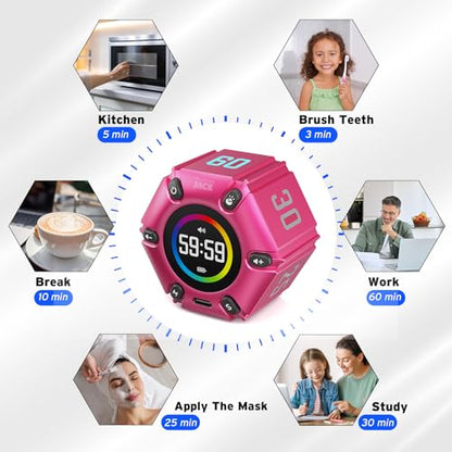 Smart FILP Pomodoro Timer 3/5/10/25/30/60min Preset, Silent & Sound Alarm | Productivity Cube timer, Visual Timer for Office, ADHD, Study, Work, Magnetic Timer with Flip Custom Countdown - Hot Pink - color: Hot Pink