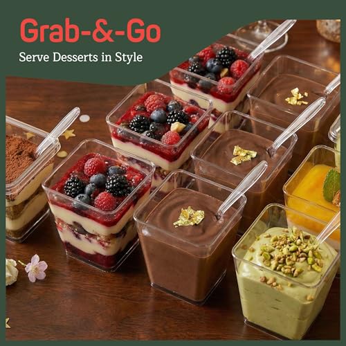 Plastic Dessert Cups with Lids and Spoons (100 Pack) – Single-Serve Parfait & Appetizer Cups, Spill-Resistant, Heavy-Duty Design, Ready-to-Use for Parties, Catering & Special Events BPA-Free - size: 100 Pack