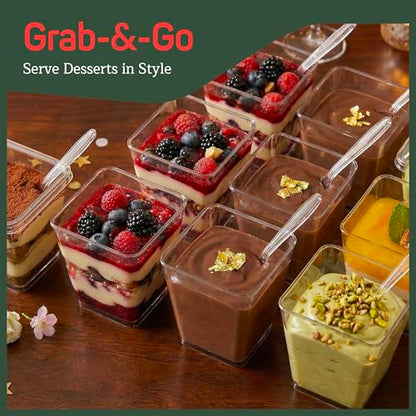 Plastic Dessert Cups with Lids and Spoons (100 Pack) – Single-Serve Parfait & Appetizer Cups, Spill-Resistant, Heavy-Duty Design, Ready-to-Use for Parties, Catering & Special Events BPA-Free - size: 100 Pack