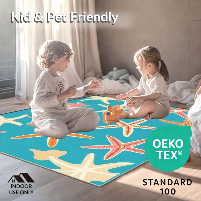 5'x7' Washable Beachy Starfish Area Rug, Teal Non-Shedding Pet Friendly Carpet Easy Care Kids Safe Mat for Small Living Room, Playroom, Bedroom | Ref:1891133 - color: Blue/Pattern 3, size: 5' x 7' (Rectangular)