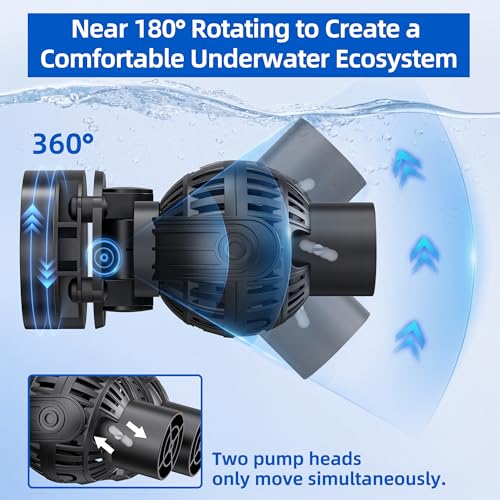 Magnetic Wave Maker for Aquarium: 1s Snap on 15mm Glass & Dry-Hand Relocation - Dual 180°Adjustable Heads Eliminate Dead Spots Improve Water Quality for 55-125 Gallon Fish Tank - size: 1600 GPH (Black)