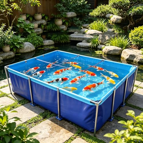 GZHERVICES Above-Ground Fish Pond (with Steel Frame and Drain Valve), Canvas Fish Pond, PVC Koi Tank, Suitable for Koi Breeding and Irrigation Water Storage (Blue)(1.2x0.8x0.8m) - size: 1.2x0.8x0.8m