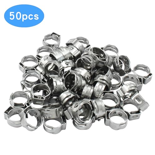 Litoexpe 50 Pcs Single Ear Hose Clamp 7.0mm-8.7mm, Hose Crimp Clamps Ear Crimp Rings, Stainless Steel Pinch Clamp for Securing Pipe Hoses and Automotive - size: 7mm-8.7mm