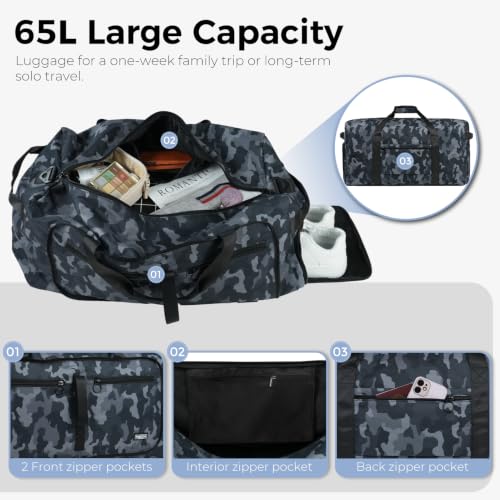 Fmeida 65L Duffle Bag Foldable Travel Duffel Bags for Men Women Travel Bag - color: Glossy BlackCamo