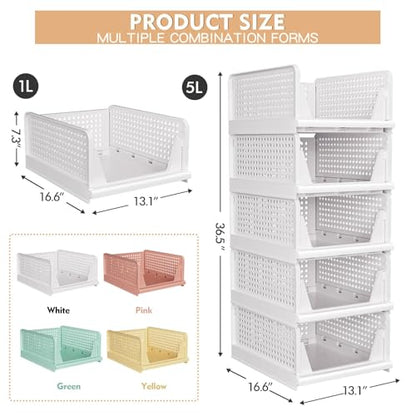 5 Pack Stackable Closet Storage Basket - Stackable Storage Bins, Multifunctional & Foldable Closet Organizer Waterproof, Wardrobe Cupboard Space-Saving Hat Storage Drawer Organizer, White