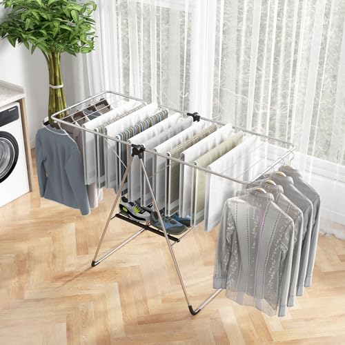 Tangkula 2-Level Collapsible Clothes Drying Rack w/Height-Adjustable Wings | Light-Weight Aluminum | Bottom Shoe Rack | No Assembly | Foldable & Space-Saving| for Laundry Room, Balcony, Patio | Silver