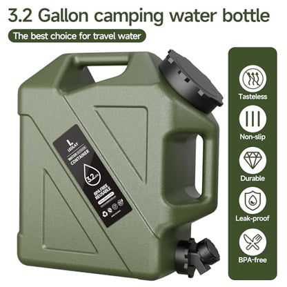 3.2GAL Camping Water Jug, Portable Water Storage Container with Spigot, Leak-Proof Lid & Dual Handles, Outdoor Water Tank for Camping, RV, Emergency Preparedness