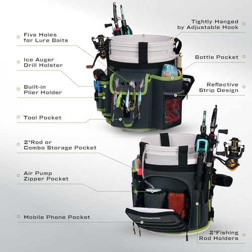 Fishing Bucket Organizer for 5 Gallon Bucket Accessories, Fishing Tackle Bag with Adjustable Buckle, Fishing Rod Bag with 15 Multi-Pockets for Fishing Gear and Equipment (Dark Gray)