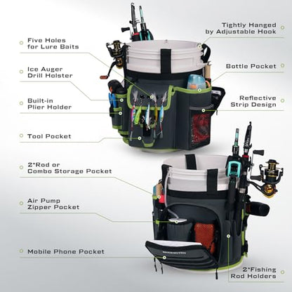 Fishing Bucket Organizer for 5 Gallon Bucket Accessories, Fishing Tackle Bag with Adjustable Buckle, Fishing Rod Bag with 15 Multi-Pockets for Fishing Gear and Equipment (Dark Gray)