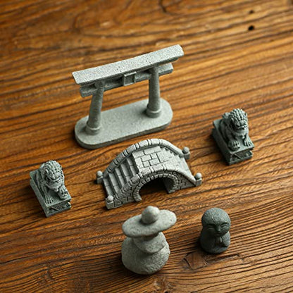 6 PCS Mini Zen Garden Accessories, Miniature Garden Bridge Foo Dogs Torii Gate Sandstone Figurines Meditation Zen Decor Japanese Fish Tank Terrarium Decorations Plant Pots Bonsai Craft Decor (M) - style: Garden
