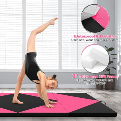 Giantex 4'x8' Gymnastics Mat, 2" Thick Folding Tumbling Mat with Carrying Handles, Foldable Gym Mat with Hook and Loop Fastener, Cheer Mats for Kids Adults Home Exercise Aerobics Fitness - color: Black/Pink