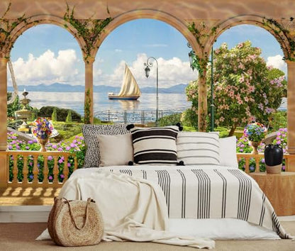 Garden Wallpaper Seascape Sailboat Wall Mural for Bedroom Living Room (Not Self-Adhesive) - color: Mural-0042, size: 149" x 107"