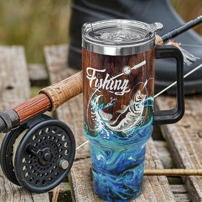 Fishing Tumbler Gifts for Papa Dad Husband Fisherman Fathers Day,Anniversary,Christmas,Birthday Fish Cup Coffee Travel Mug with Handle and Straw-40 oz Wood Grain Fishing(1PCS)