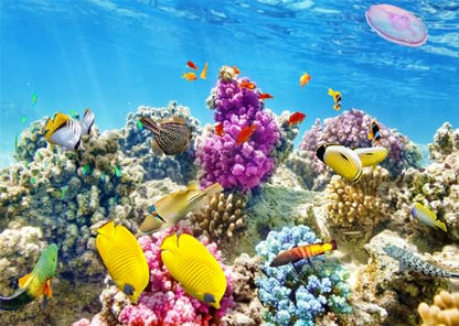 BELECO 8x6ft Fabric Underwater World Backdrop Undersea Tropical Fish Coral Reef Blue Deep Sea Aquarium Background Under The Sea Party Decorations Baby Shower Birthday Shoot Photo Props - size: 8x6FT