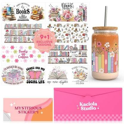 10 Sheets UV DTF Cup Wraps for 16 oz- Booklover Theme UV DTF Stickers, 1 Sheet Mysterious Pattern Transfer, Rub on Transfers Stickers for 16 oz Libbey Glasses Crafting - style: Book